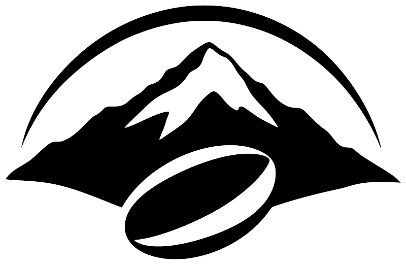 Vinyl logo decal: black mountain silhouette with rugby ball in white outline