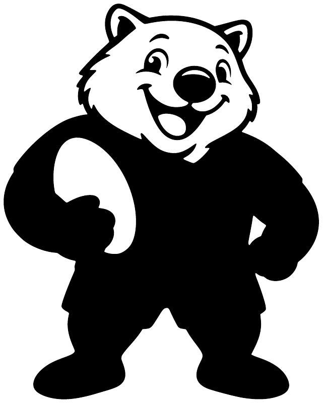 White-and-black wombat mascot vinyl decal with big eyes and an open smile