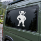 Vinyl bison club buddy decal of white cartoon mascot on dark background