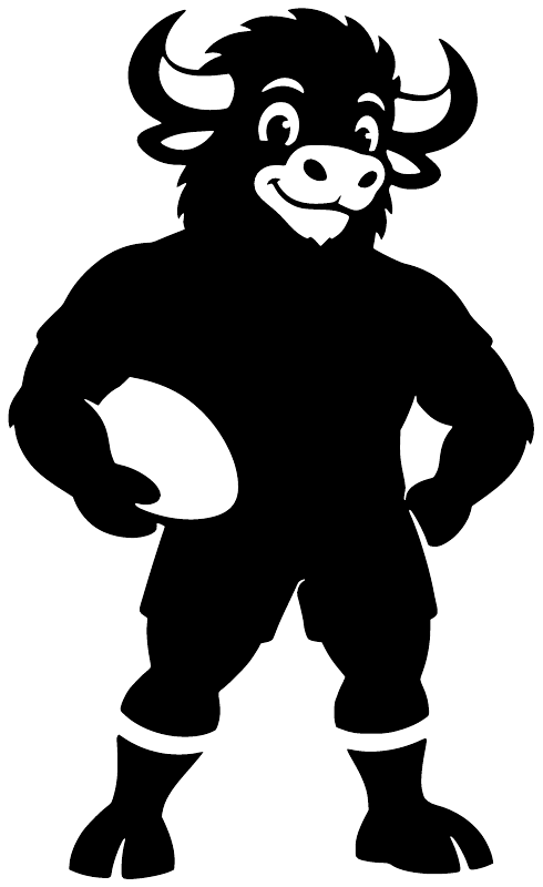 Vinyl bison buddy cartoon decal, bold black mascot with horns and clenched fist