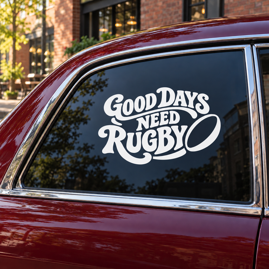 Vinyl rugby wall decal reading "Good Days Need Rugby" with a rugby ball graphic
