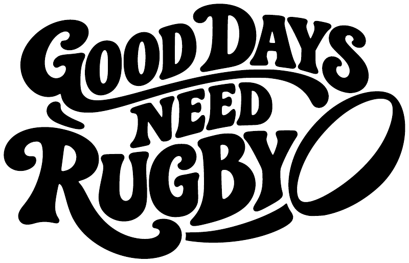 Black vinyl decal text "Good Days Need Rugby" with rugby ball icon