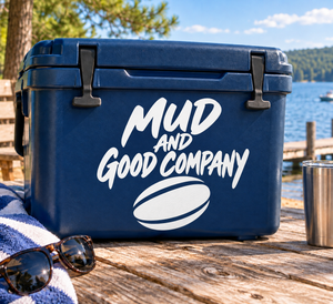 White script “Mud and Good Company” vinyl decal with oval mud logo