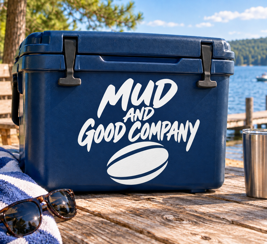White script “Mud and Good Company” vinyl decal with oval mud logo