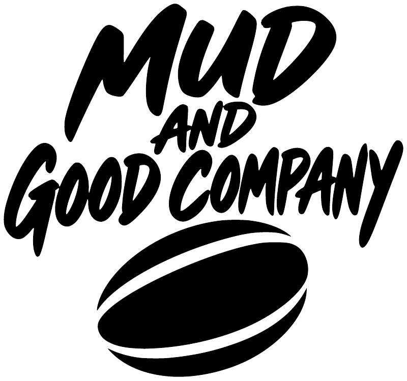 Black “Mud and Good Company” vinyl decal with oval logo on white