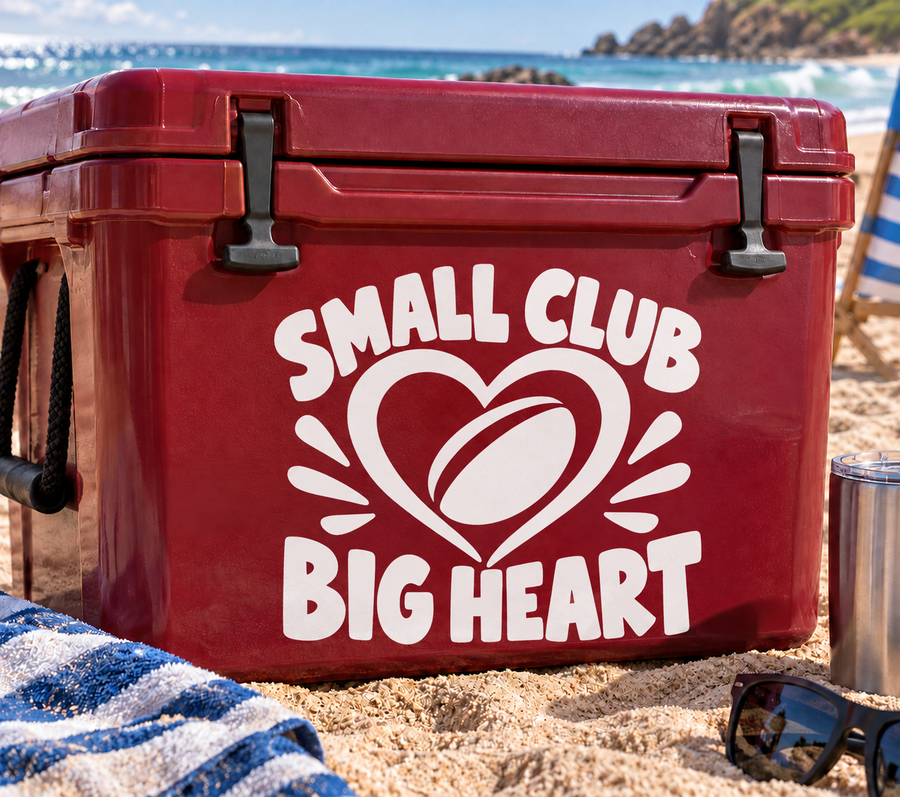White 'Small Club Big Heart' heart vinyl decal on red cooler