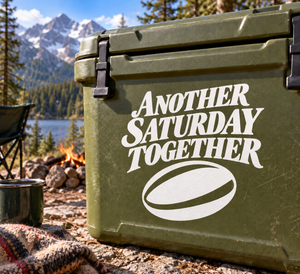 Vinyl decal: white “Another Saturday Together” text with oval rugby logo