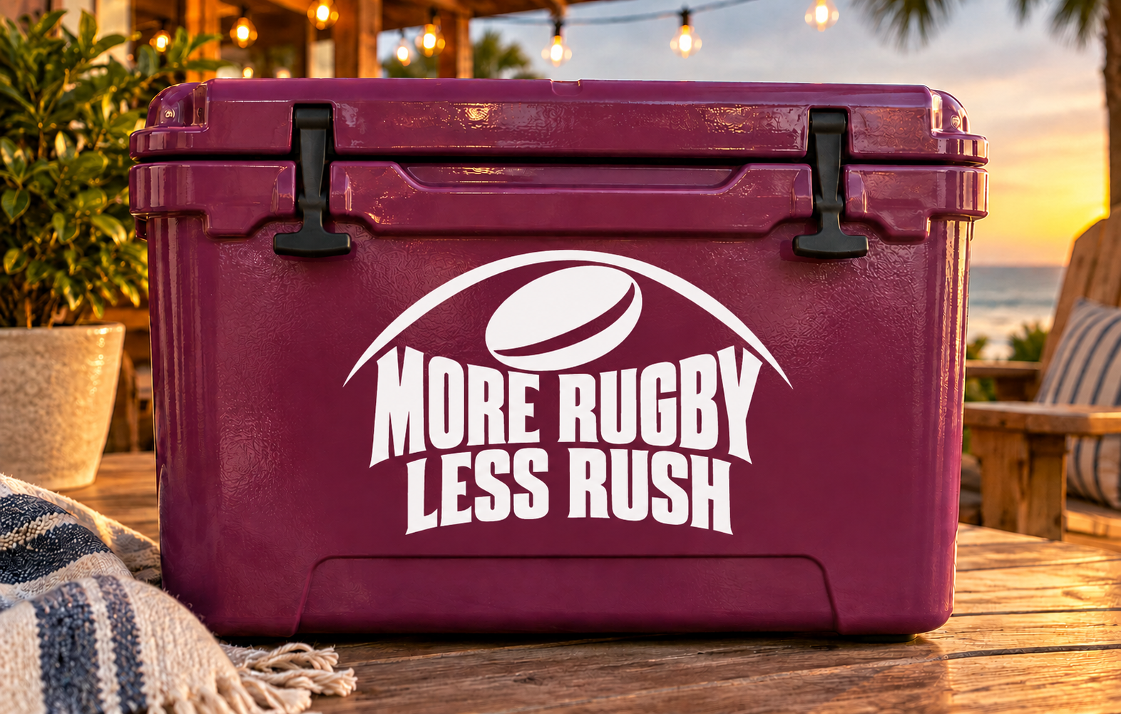 White “MORE RUGBY LESS RUSH” rugby vinyl decal