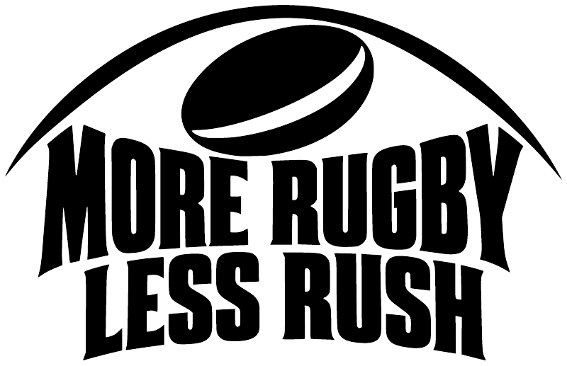 Black and white rugby vinyl decal: “MORE RUGBY LESS RUSH” with rugby ball