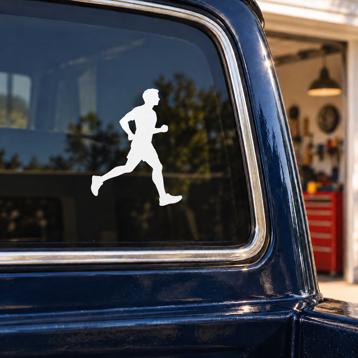 Runner silhouette vinyl decal, white running figure on blue window