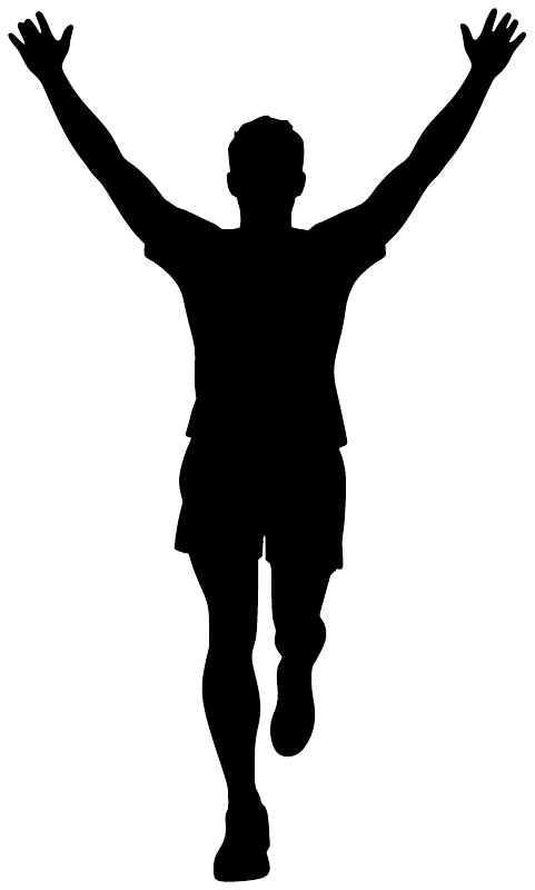 Black runner silhouette vinyl decal with arms raised, on white background