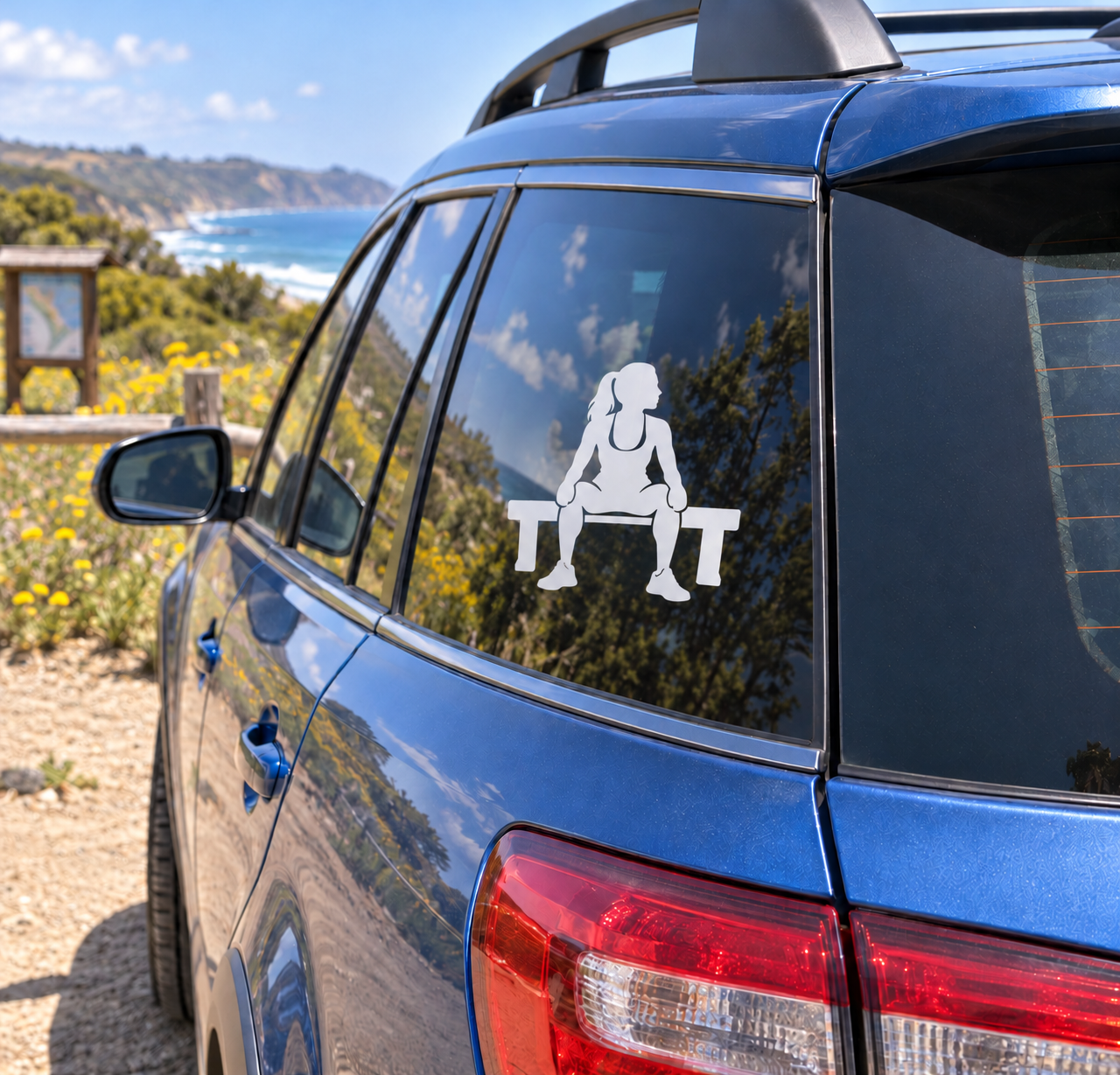 Vinyl running bench decal of a woman silhouette on a car rear window