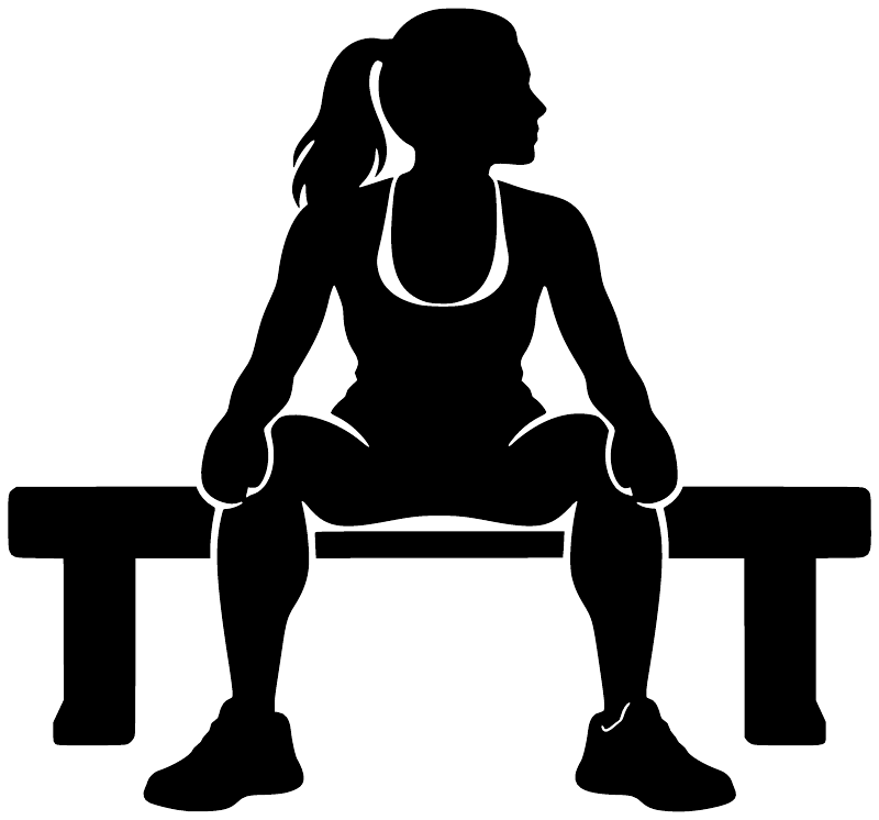 Black vinyl silhouette decal of a woman squatting on a bench with large letters