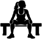 Black vinyl silhouette decal of a woman squatting on a bench with large letters