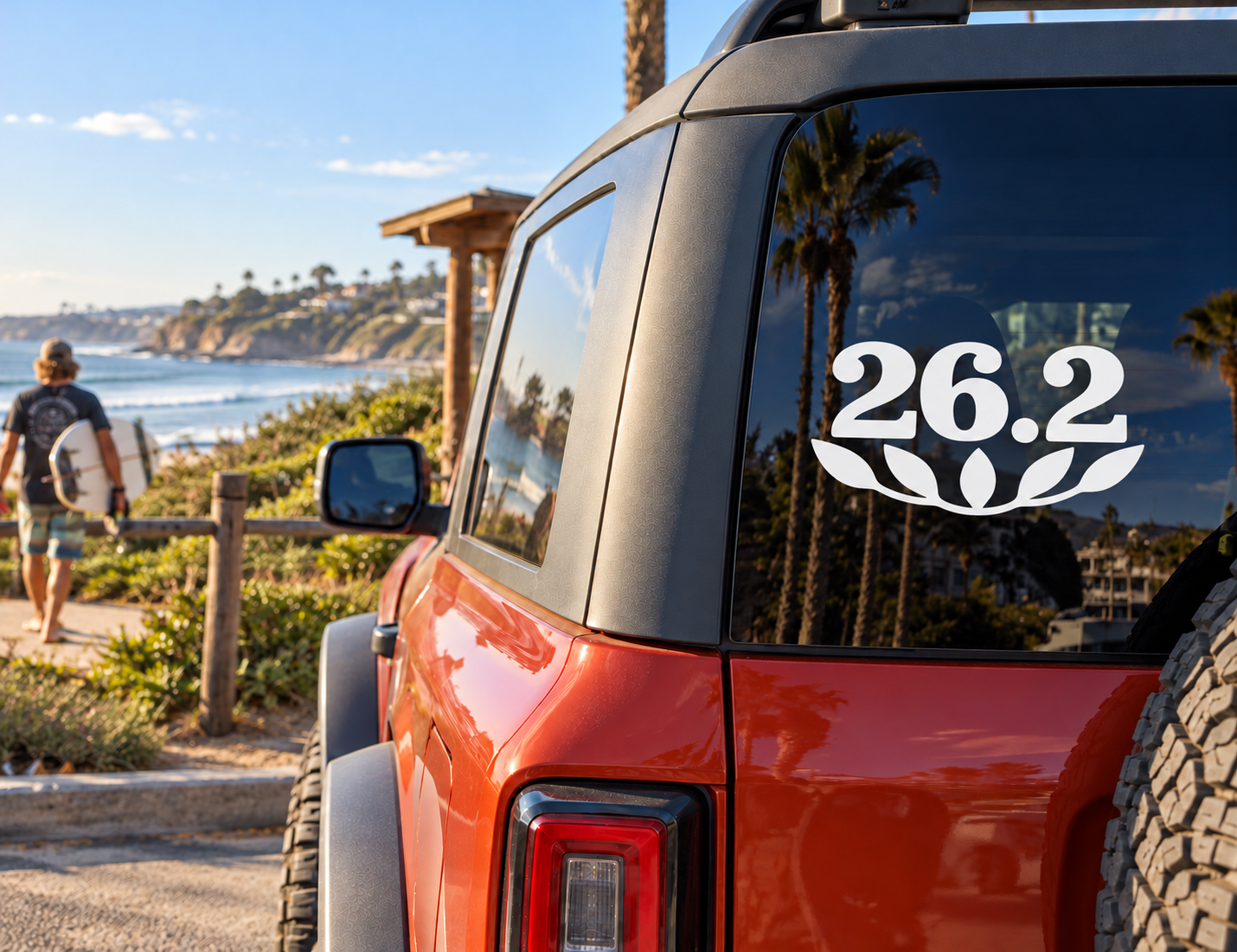 Marathon miles vinyl decal with bold '26.2' and laurel on car rear window