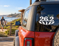 Marathon miles vinyl decal with bold '26.2' and laurel on car rear window
