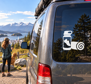 Vinyl decal of water bottle and running shoe with swirl on car window