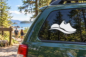 White running shoe emblem vinyl decal on car side window