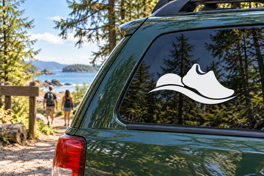 White running shoe emblem vinyl decal on car side window