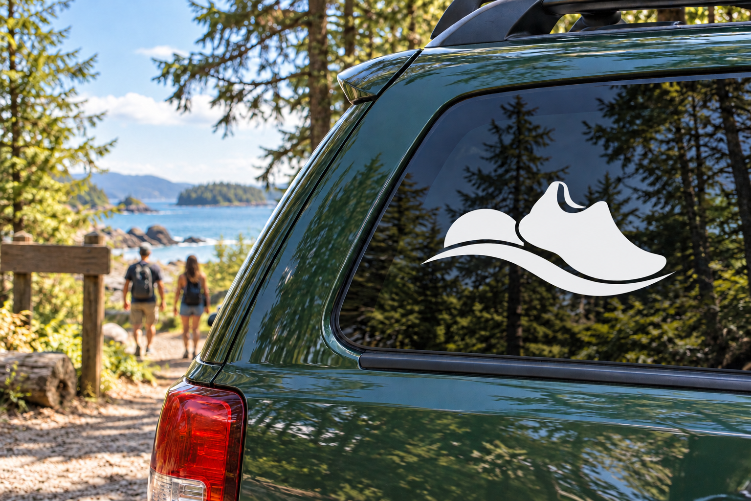 White running shoe emblem vinyl decal on car side window