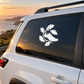 White vinyl decal of running animal with oak leaves on a dark car window panel