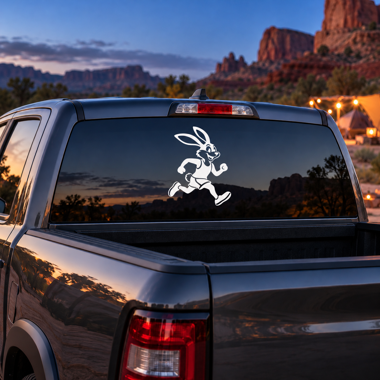 Car window vinyl decal of a running hare in white line art