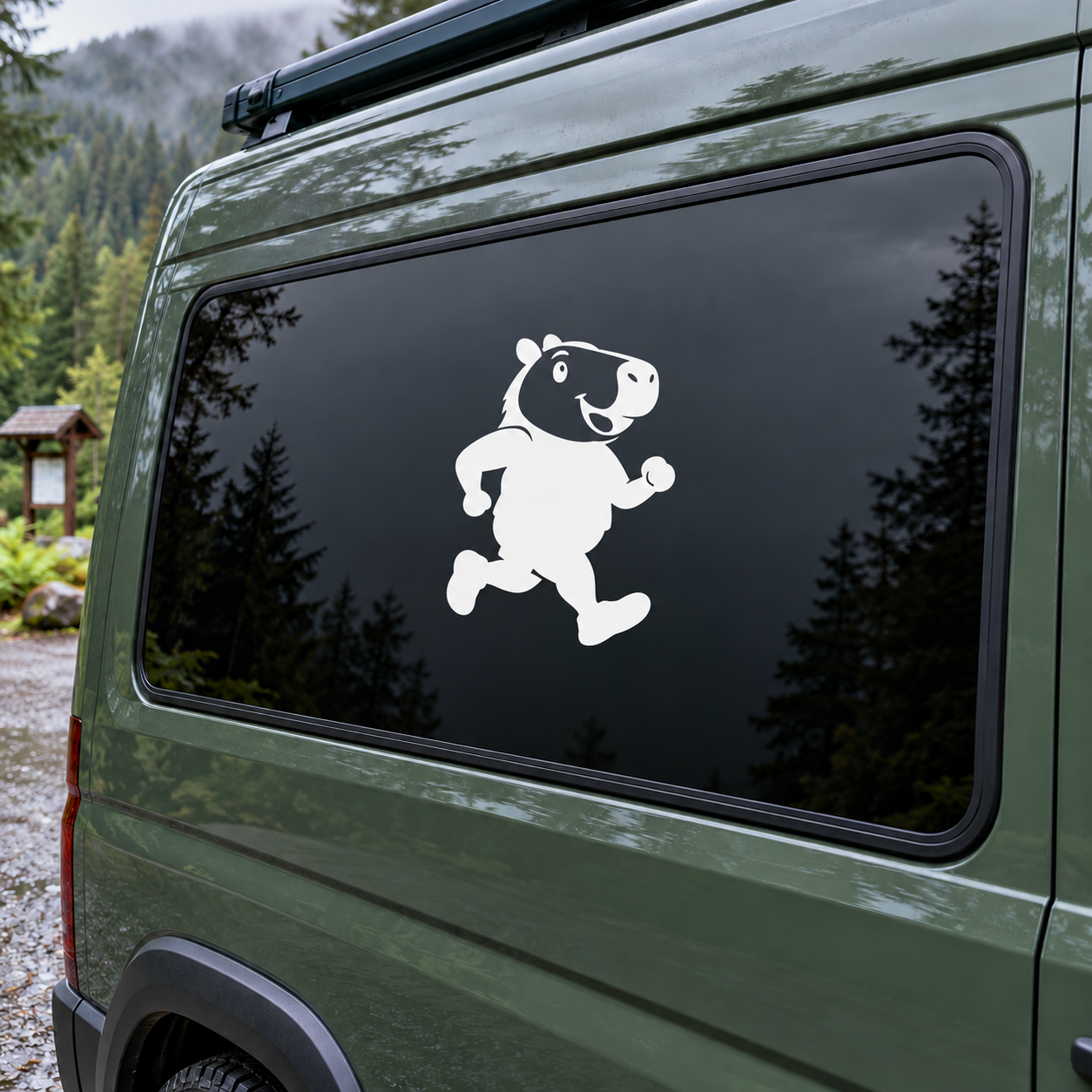 Running capybara vinyl decal, white animal figure on dark background for car windows
