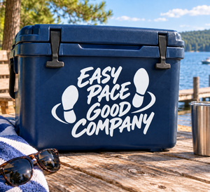 Blue vinyl decal reading 'Easy Pace Good Company' with runner icon