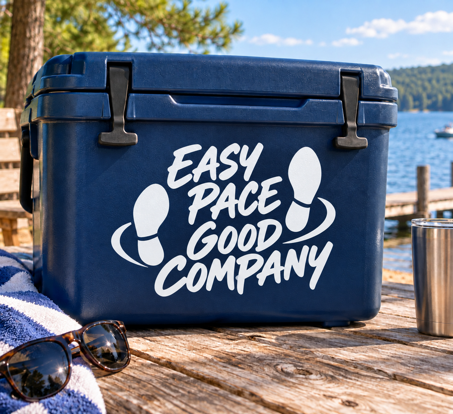 Blue vinyl decal reading 'Easy Pace Good Company' with runner icon