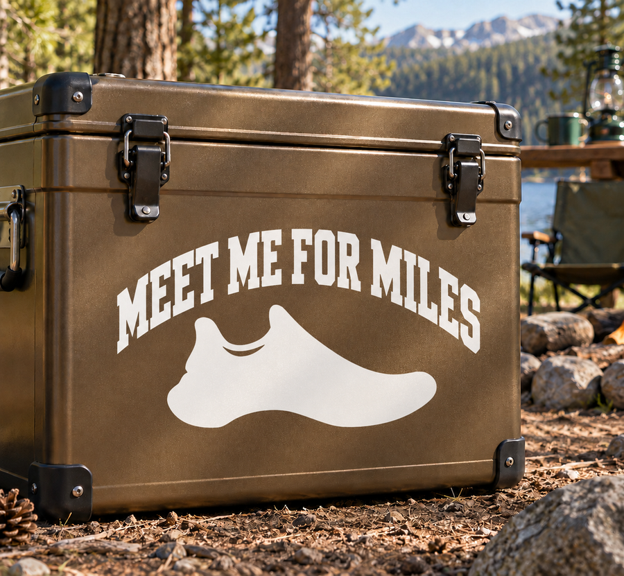 Running vinyl decal with 'MEET ME FOR MILES' text and white shoe icon on suitcase