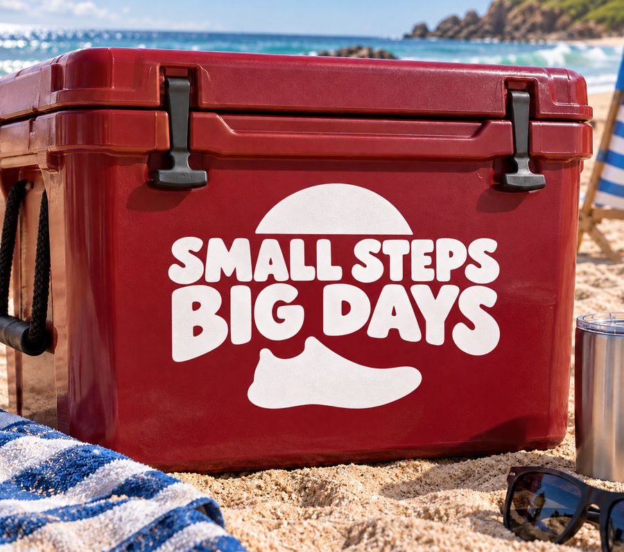 Vinyl decal: “SMALL STEPS BIG DAYS” with shoe icon, white lettering on red surface