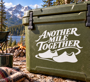 Green vinyl decal for cooler: 'Another Mile Together' with running shoes graphic