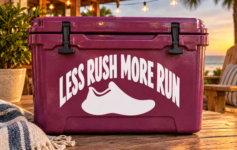 Maroon vinyl decal text "LESS RUSH MORE RUN" with running shoe graphic