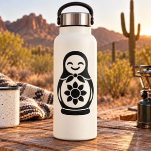 Matryoshka sunflower vinyl decal on white bottle, black outline and flower inside nesting doll