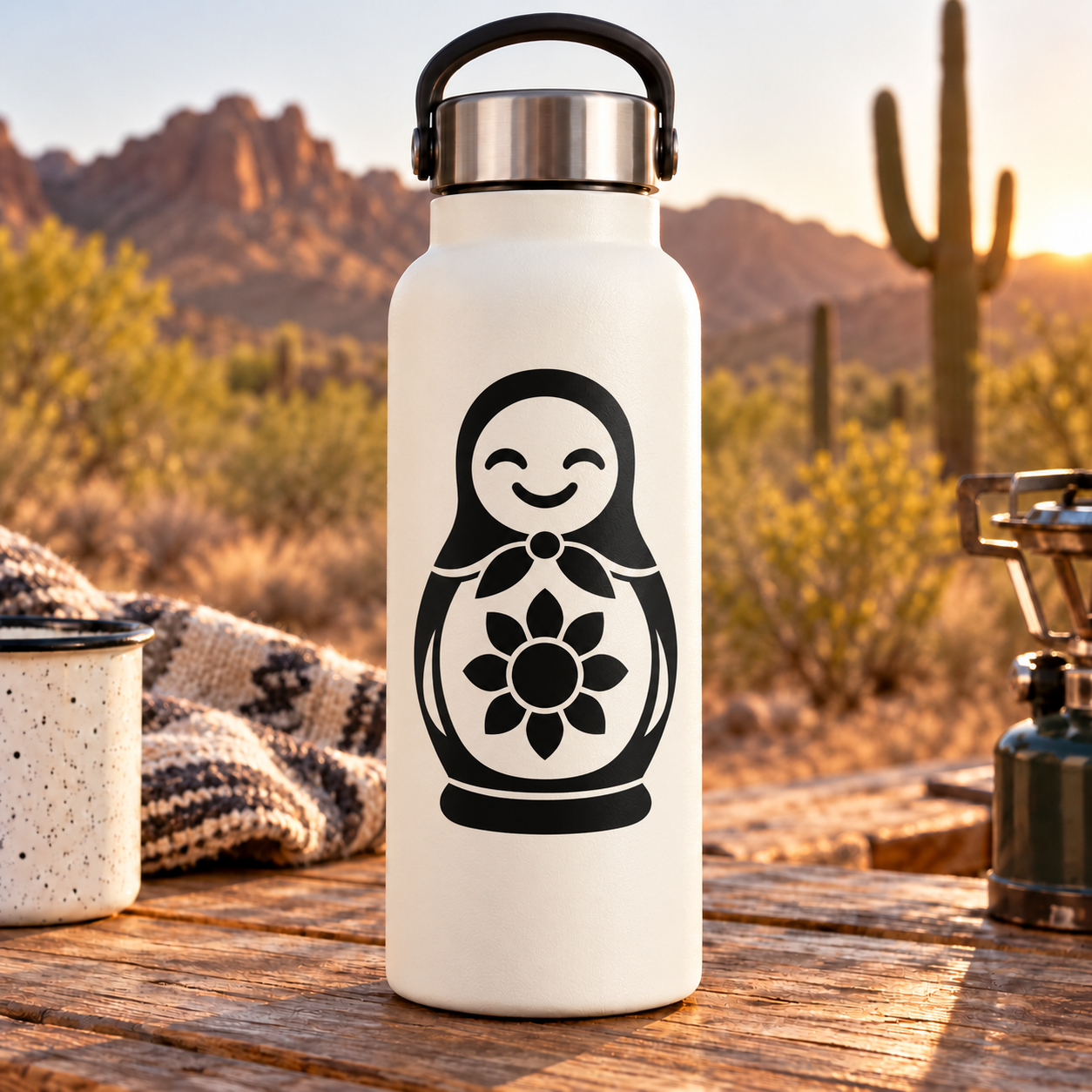 Matryoshka sunflower vinyl decal on white bottle, black outline and flower inside nesting doll