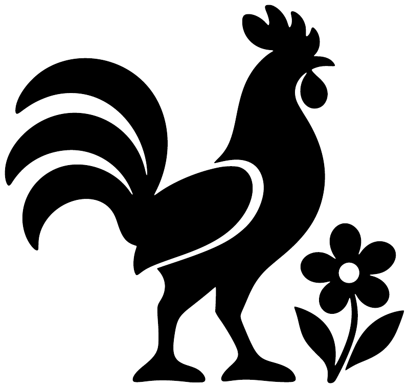 Rooster, flowers, and swirl vinyl decal graphic in black with white accents