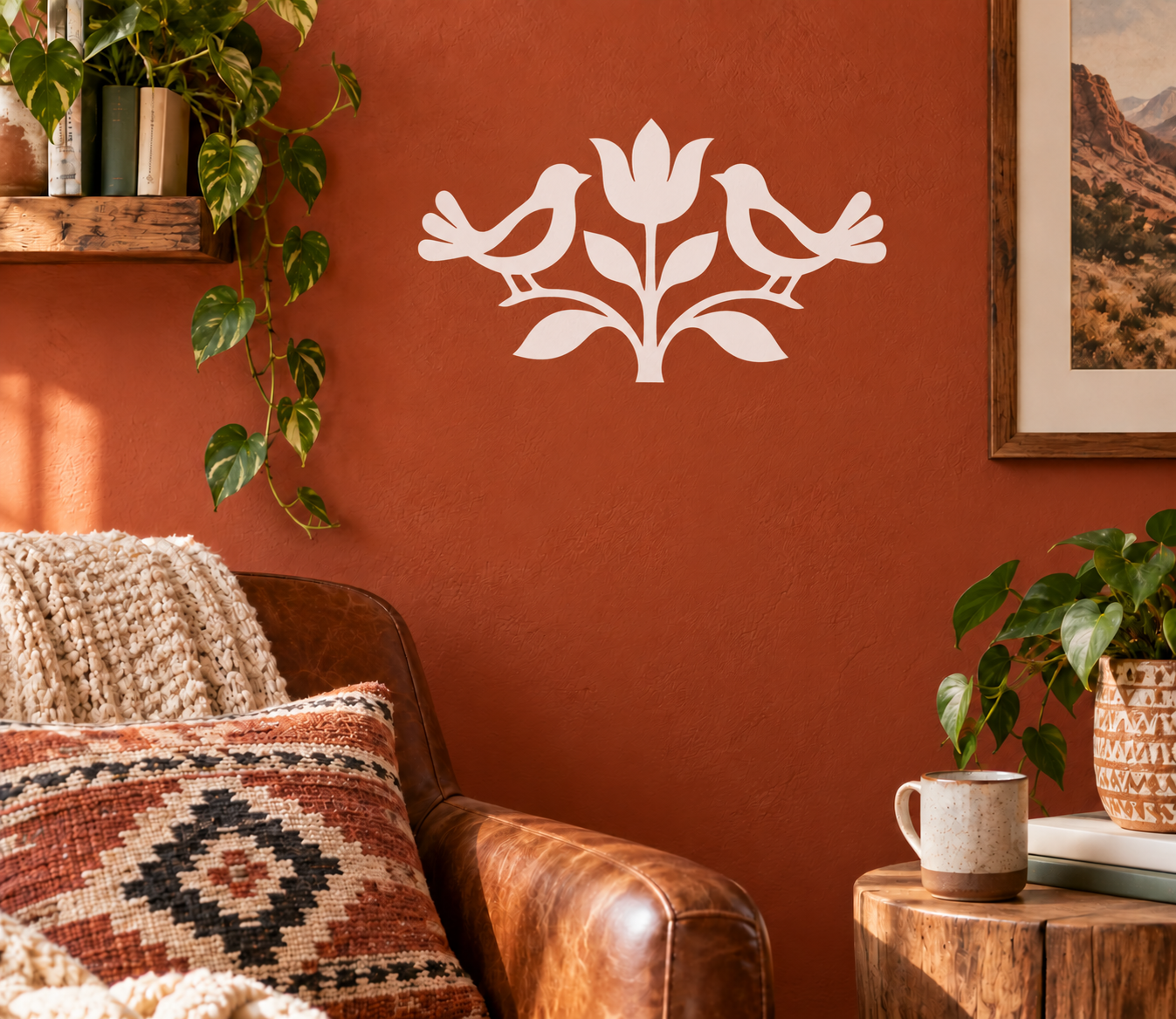 Vinyl decal with tulip tree and two birds, white cutout design