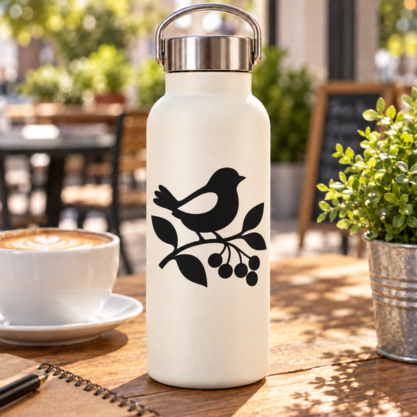 Bird branch vinyl decal with black bird and berries on white bottle