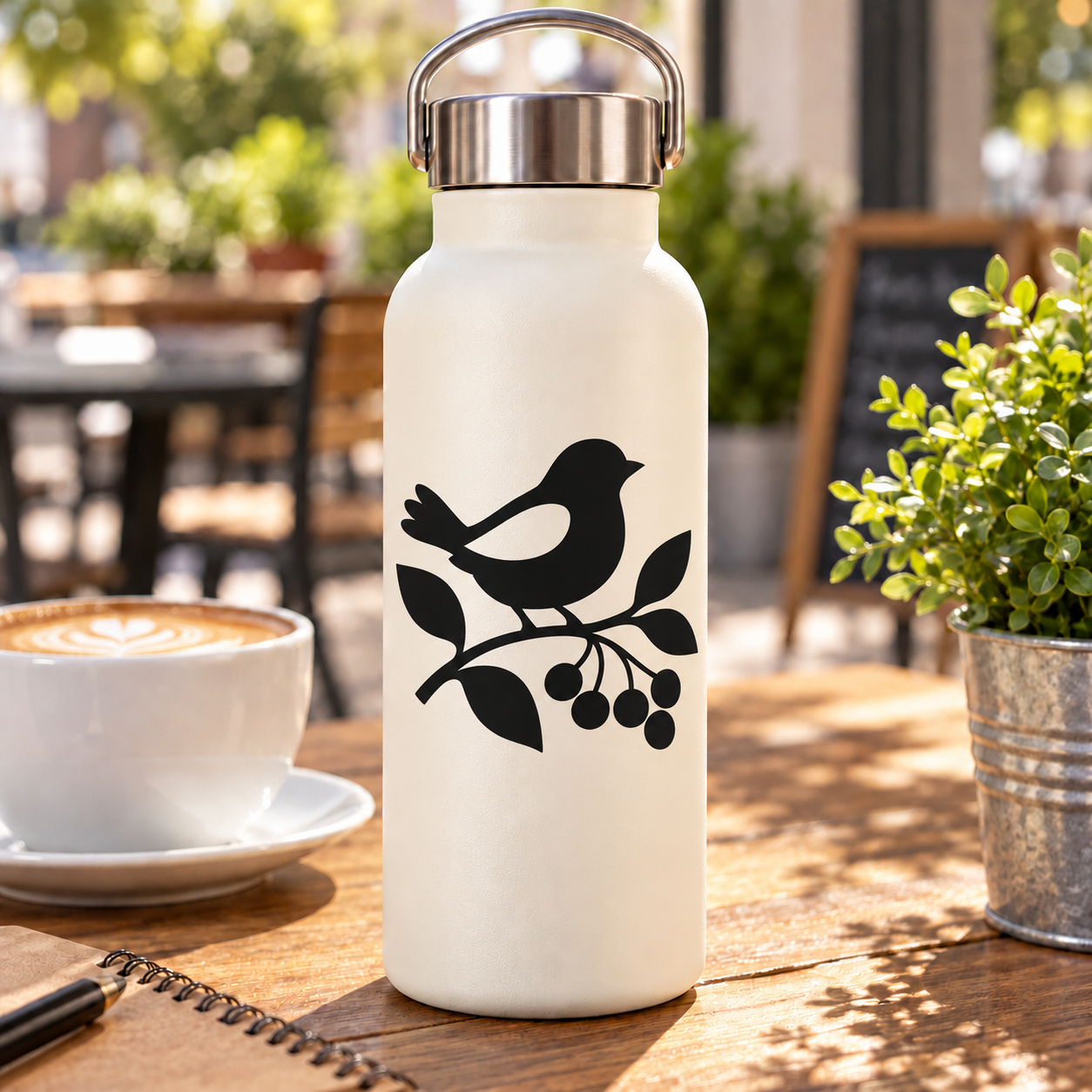 Bird branch vinyl decal with black bird and berries on white bottle
