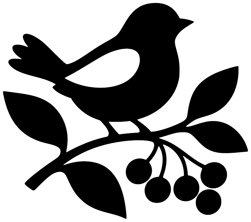 Black bird silhouette on branch with leaves and berry cluster vinyl decal