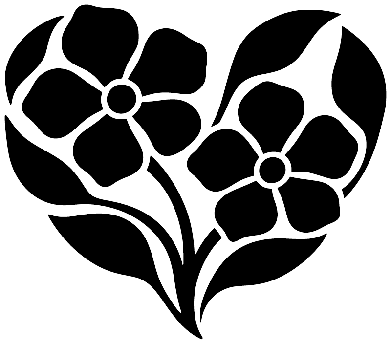 Heart-shaped floral vinyl decal, black petals with white outlines and center dots