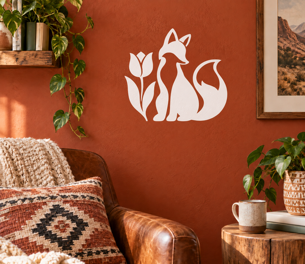 White vinyl fox and tulip wall decal with folk silhouette design