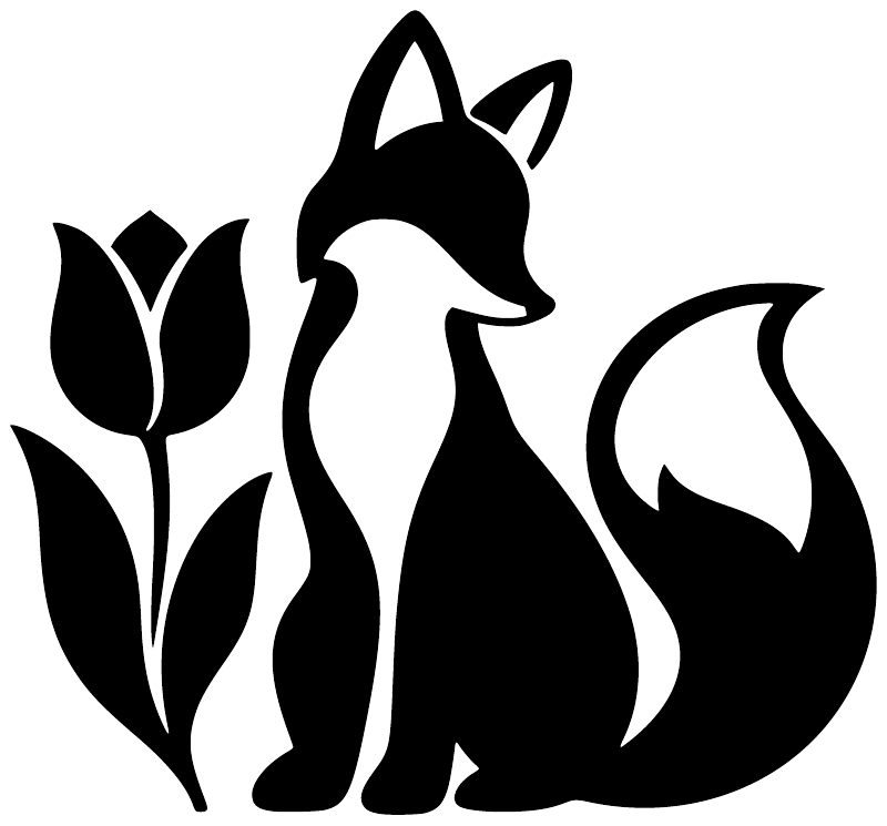 Black-and-white vinyl fox with tulips wall decal, folk silhouette