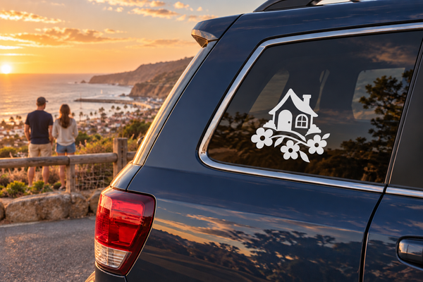 White and black house with floral vine vinyl car window decal