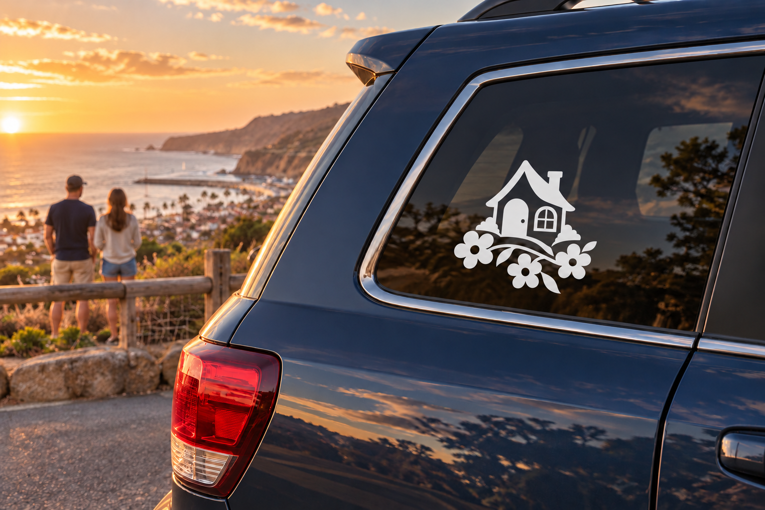 White and black house with floral vine vinyl car window decal
