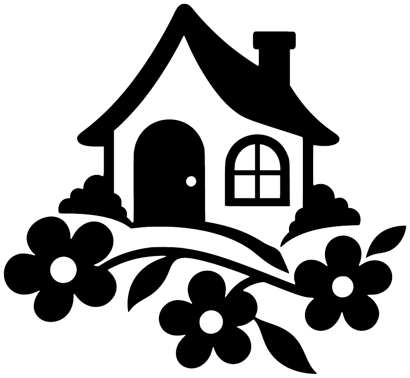 House silhouette vinyl decal with arched window and five black flower accents