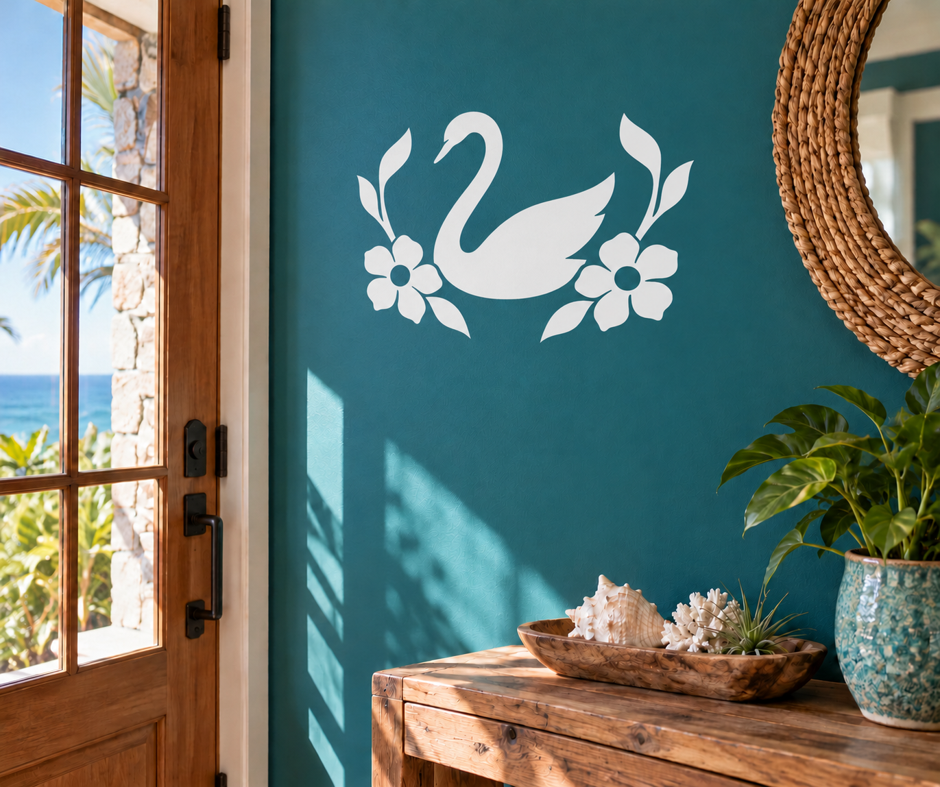 Vinyl decal of white swan with floral medallion, leaves, and two flower accents