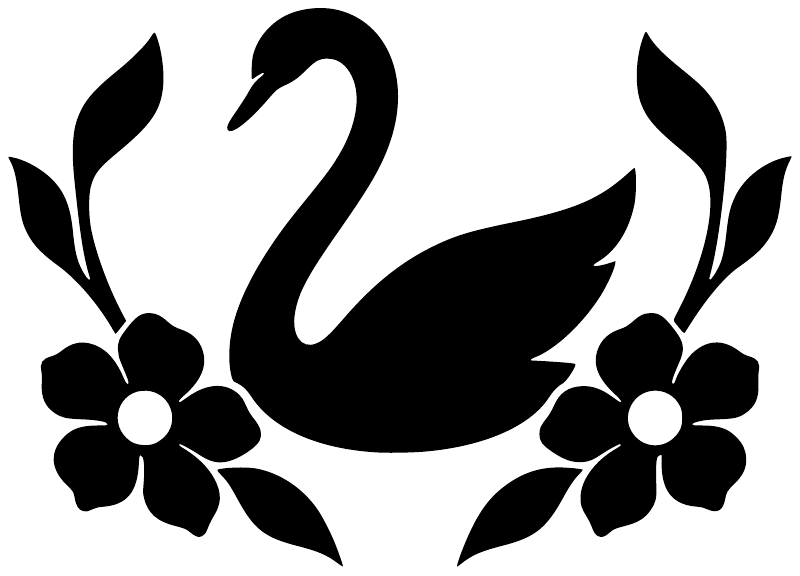 Vinyl decal silhouette of black swan with two flower medallions and leaf details