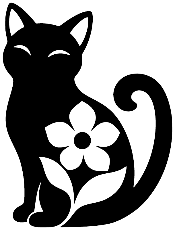 Black cat vinyl decal with white flower, curled tail