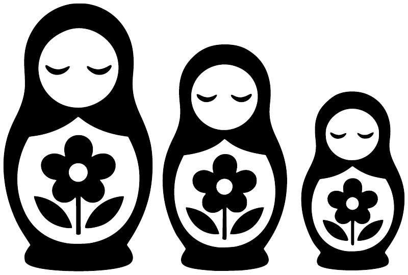 Three nesting doll vinyl decal figures: black outlines with white faces and flowers